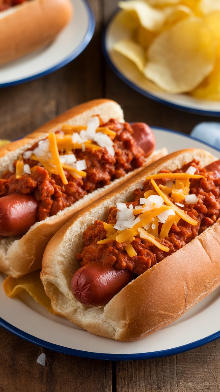 Classic beef chili dogs topped with homemade chili sauce, cheese, and onions, served on a rustic table with potato chips.